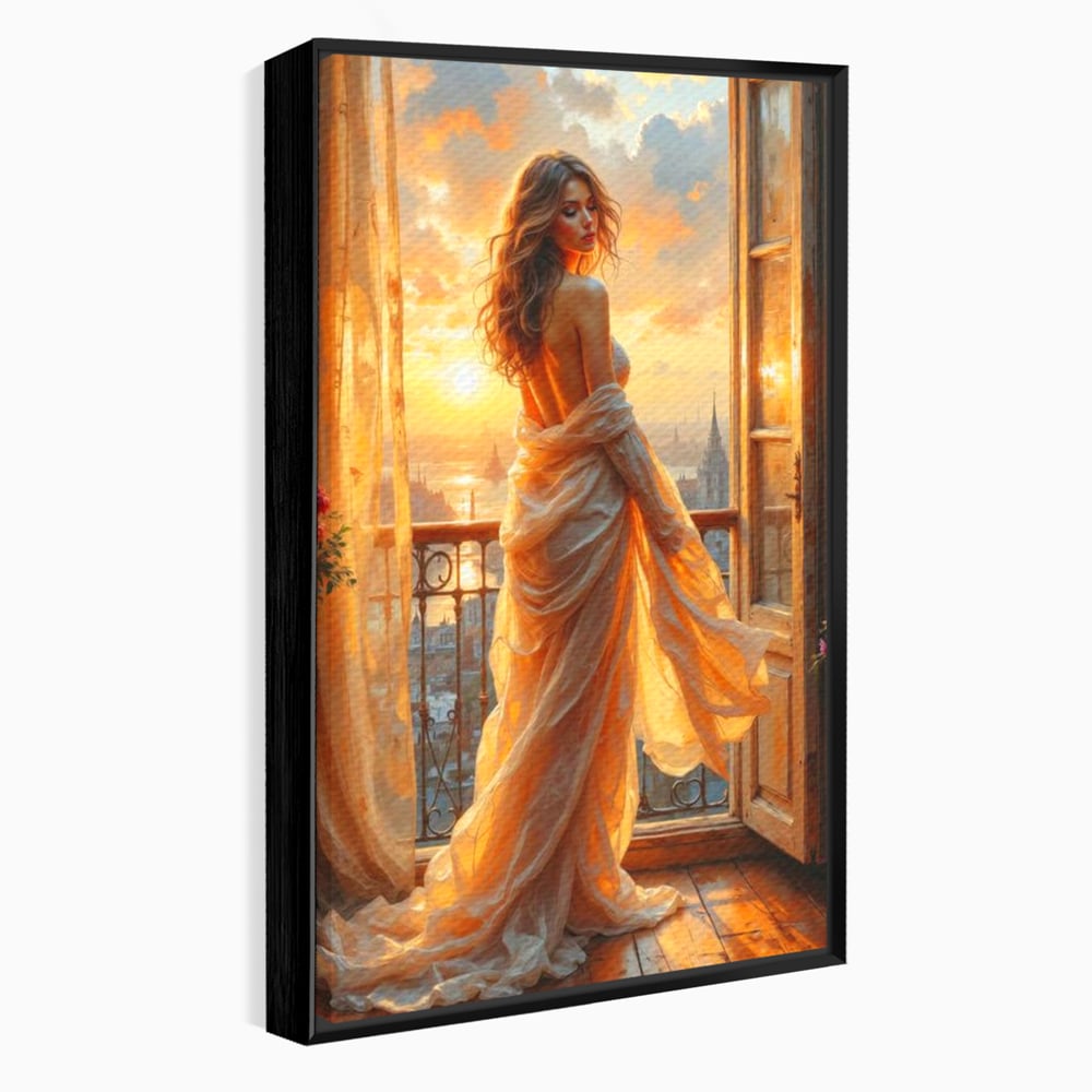 Tablou canvas cu tablou canvas cu femeie la fereastra, in rama de aluminiu negru